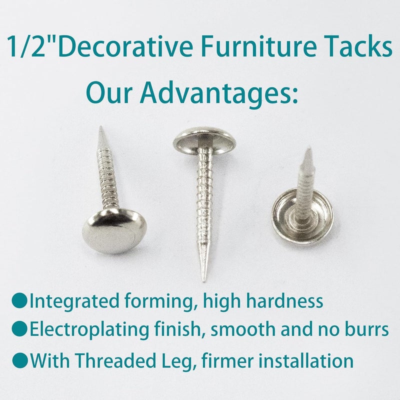AUXBC 100 PCS Mini Upholstery Nails, 4/5" Decorative Furniture Tacks, Round Head Furniture Thumb Pushpins DIY Tacks with Threaded Leg for Sofa Bed Message Board Photo Walls, Silver - Image 4